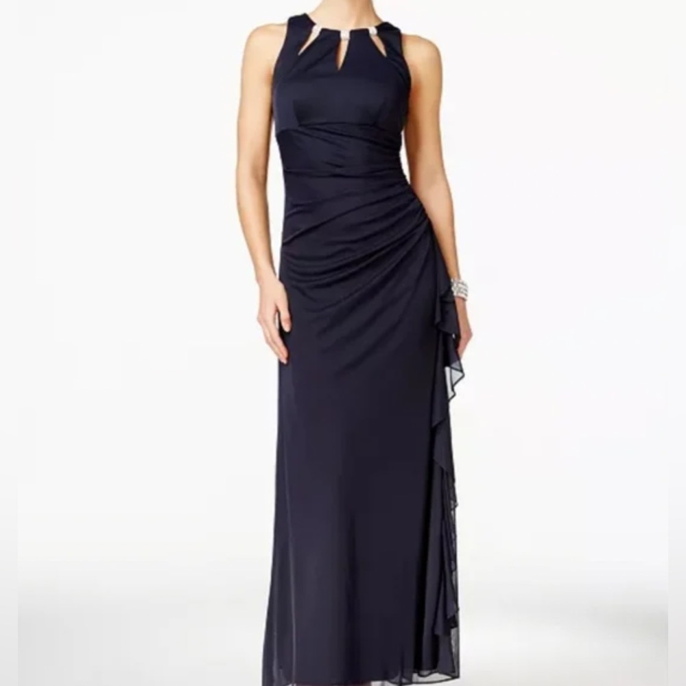 Betsy & Adam 💖 Rhinestone Accent Formal Ruched Navy Gown Womens 14 - Picture 1 of 16